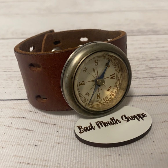 The Charming Cherub Other - *Upcycled Handmade Unisex Vintage Compass Leather Cuff Bracelet